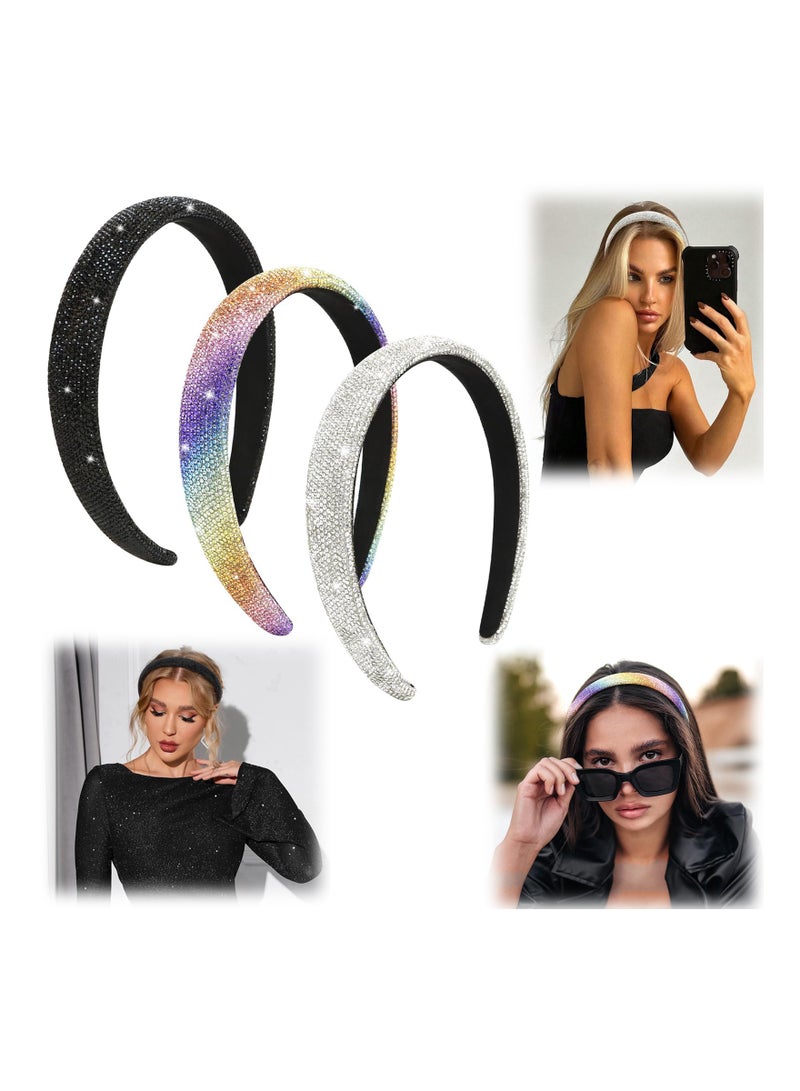 Zikra 3Pcs Rhinestone Headbands Women Girls Sparkly Bling Diamond Rainbow Color Black Silver Fashion Comfortable Head Band Non Slip Birthday Wedding Hair Accessories For Gifts - Image 1