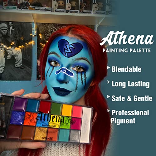 UCANBE Athena Face Body Painting Kit - 20 Color Large Deep Pan Paint, 24 Stencils, 2pcs Brushes, Professional Oil Based SFX Makeup Palette for Art, Theater, Halloween, Parties and Cosplay - Image 2