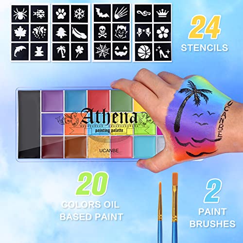 UCANBE Athena Face Body Painting Kit - 20 Color Large Deep Pan Paint, 24 Stencils, 2pcs Brushes, Professional Oil Based SFX Makeup Palette for Art, Theater, Halloween, Parties and Cosplay - Image 3