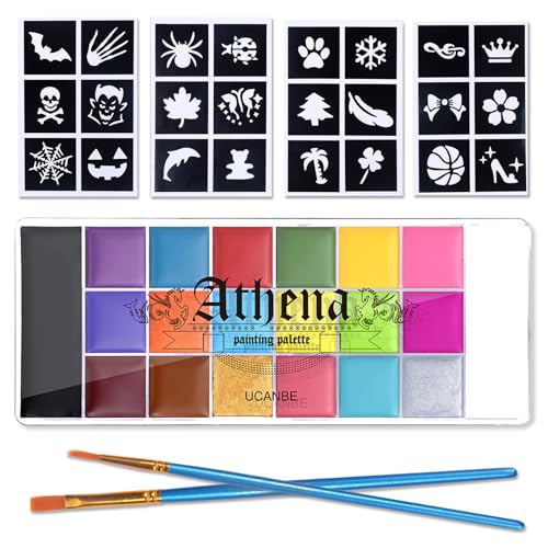 UCANBE Athena Face Body Painting Kit - 20 Color Large Deep Pan Paint, 24 Stencils, 2pcs Brushes, Professional Oil Based SFX Makeup Palette for Art, Theater, Halloween, Parties and Cosplay - Image 1