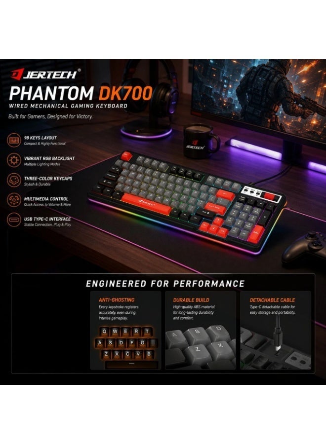 جيرتك لوحة مفاتيح DK-700 RGB متعددة الوسائط، صامتة، سلكية، USB (مفاتيح عربية/إنجليزية) - تأثيرات إضاءة خلفية RGB - مقاومة للماء، 98 مفتاح BPT، للألعاب/الأعمال/الكمبيوتر/ويندوز - Image 2