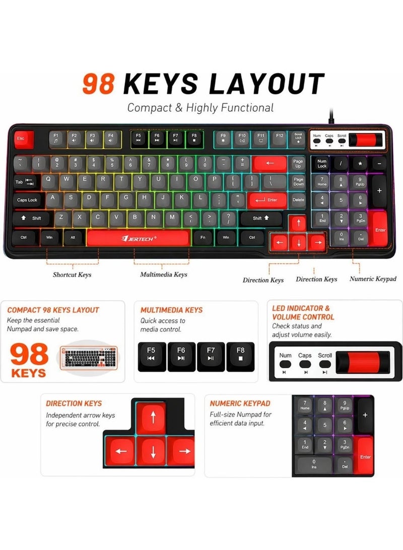 جيرتك لوحة مفاتيح DK-700 RGB متعددة الوسائط، صامتة، سلكية، USB (مفاتيح عربية/إنجليزية) - تأثيرات إضاءة خلفية RGB - مقاومة للماء، 98 مفتاح BPT، للألعاب/الأعمال/الكمبيوتر/ويندوز - Image 3