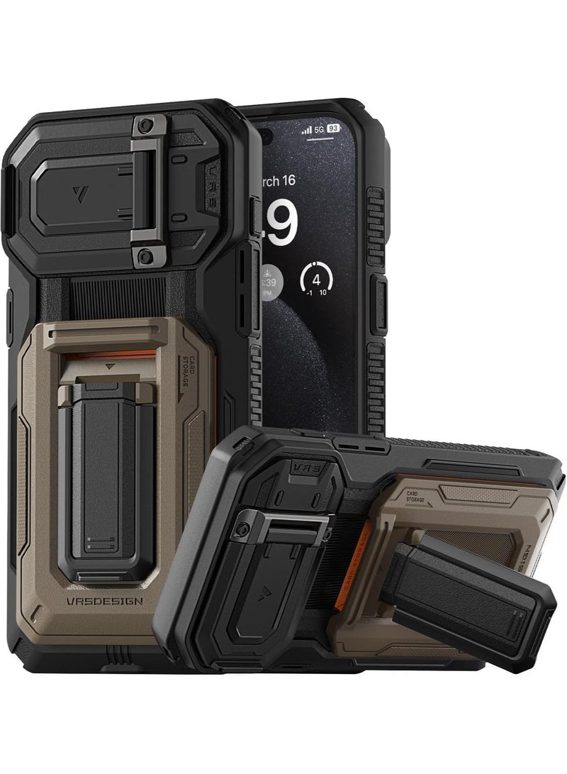 VRS Design D-Wallet Origin iPhone 15 Pro MAX Case Cover Wallet with Semi Automatic Credit Card Holder Slot [3 Cards] & Camera Lens Protector Kickstand - Sahara Khaki  - Image 2