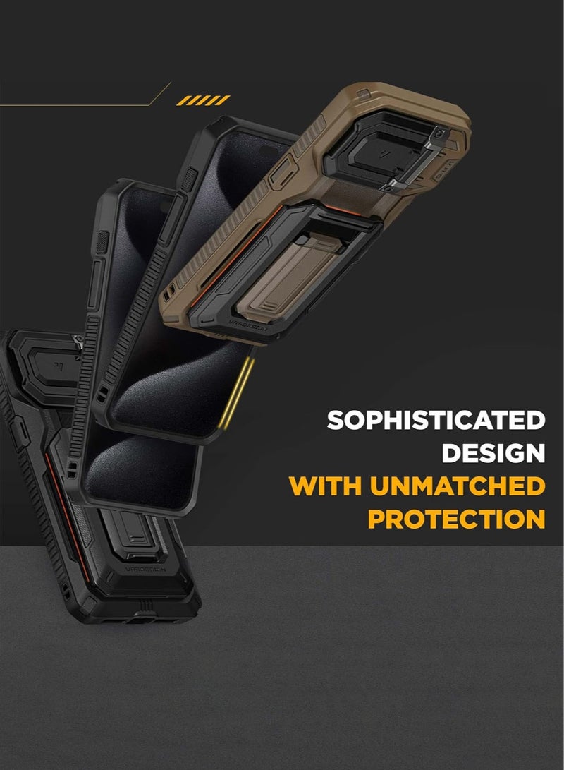 VRS Design D-Wallet Origin iPhone 15 Pro MAX Case Cover Wallet with Semi Automatic Credit Card Holder Slot [3 Cards] & Camera Lens Protector Kickstand - Sahara Khaki  - Image 4