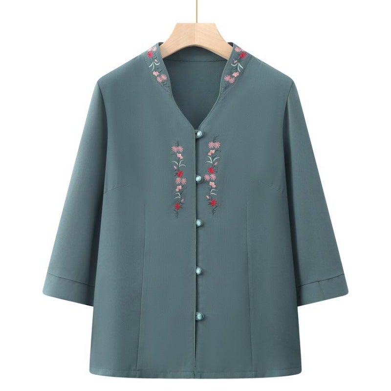 Summer Clothes for the Elderly Womens New Style Shirt Grandmas Shirt Seven-Sleeve Summer Clothes T-Shirt for Old Ladys Mothers Top Green 