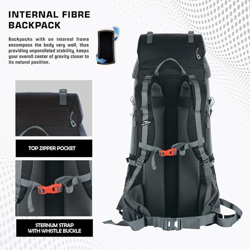 TRAWOC VENTURE PRO 65 Liter Internal Frame Camping Trekking Hiking Backpack Travel Bag for Men & Women Front & Top Loading Rucksack/Water Proof Rain Cover/Shoe Compartment, HK011 Grey - Image 3