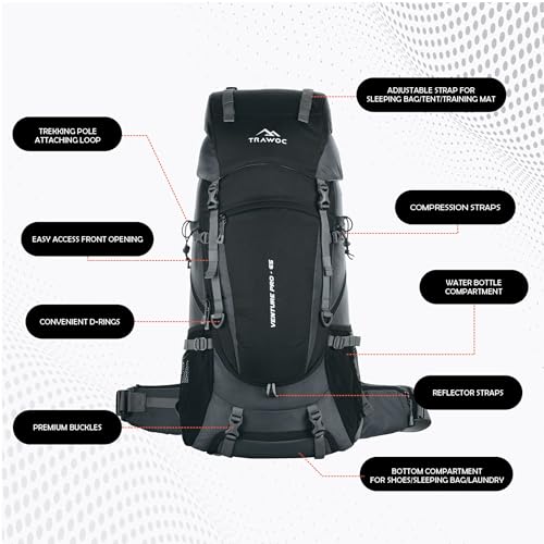 TRAWOC VENTURE PRO 65 Liter Internal Frame Camping Trekking Hiking Backpack Travel Bag for Men & Women Front & Top Loading Rucksack/Water Proof Rain Cover/Shoe Compartment, HK011 Grey - Image 4