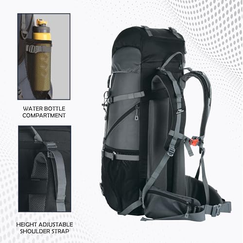 TRAWOC VENTURE PRO 65 Liter Internal Frame Camping Trekking Hiking Backpack Travel Bag for Men & Women Front & Top Loading Rucksack/Water Proof Rain Cover/Shoe Compartment, HK011 Grey - Image 5