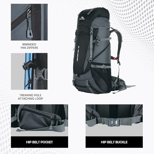 TRAWOC VENTURE PRO 65 Liter Internal Frame Camping Trekking Hiking Backpack Travel Bag for Men & Women Front & Top Loading Rucksack/Water Proof Rain Cover/Shoe Compartment, HK011 Grey - Image 2