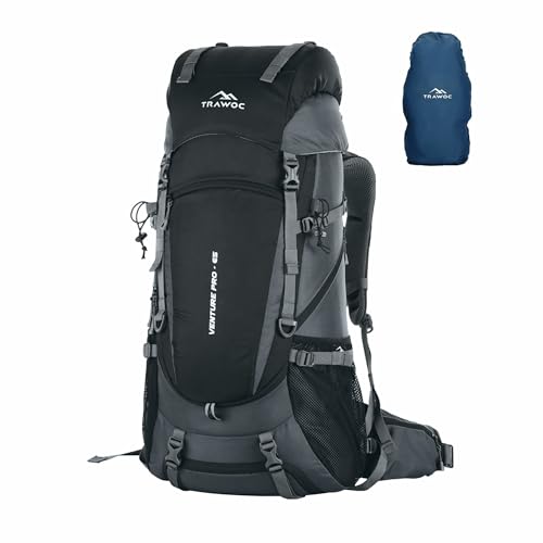 TRAWOC VENTURE PRO 65 Liter Internal Frame Camping Trekking Hiking Backpack Travel Bag for Men & Women Front & Top Loading Rucksack/Water Proof Rain Cover/Shoe Compartment, HK011 Grey - Image 1