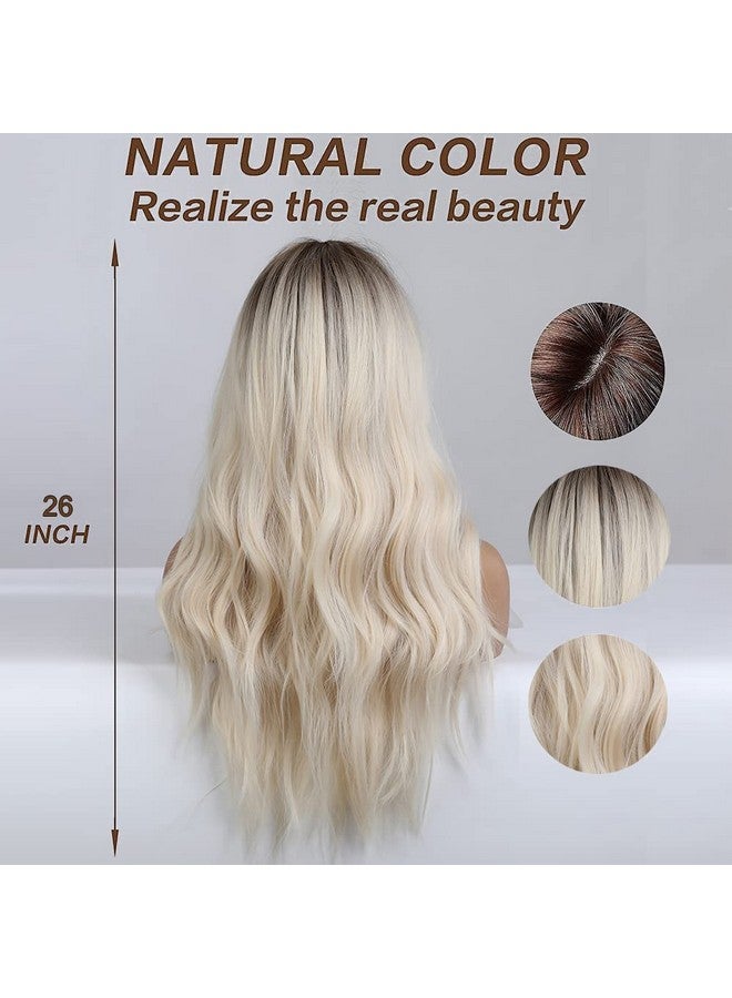 اسمي شعر مستعار أشقر طويل 26 بوصة مع الانفجارات شعر صناعي طبيعي أومبير شعر مستعار أشقر مموج مع جذور داكنة للنساء ملابس تنكرية للحفلات اليومية - Image 4