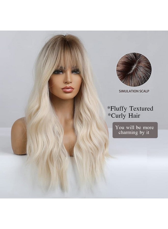 اسمي شعر مستعار أشقر طويل 26 بوصة مع الانفجارات شعر صناعي طبيعي أومبير شعر مستعار أشقر مموج مع جذور داكنة للنساء ملابس تنكرية للحفلات اليومية - Image 2