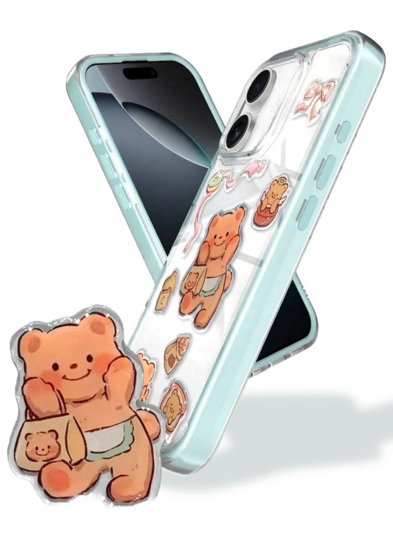Clear Case for iPhone 16 – Shockproof Soft TPU Bumper Frame with Flexible Transparent Back, Crystle Pastel, Customizable with Kawaii Butter Bear Epoxy Resin Stickers (Lime Blue & Butter Bear Epoxy Resin Stickers) - Image 1