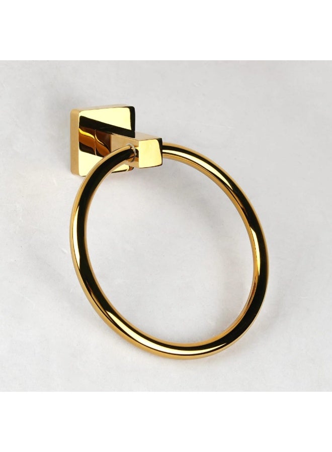 A round, wall-mounted towel rack made of stainless steel in a gold color. - Image 2
