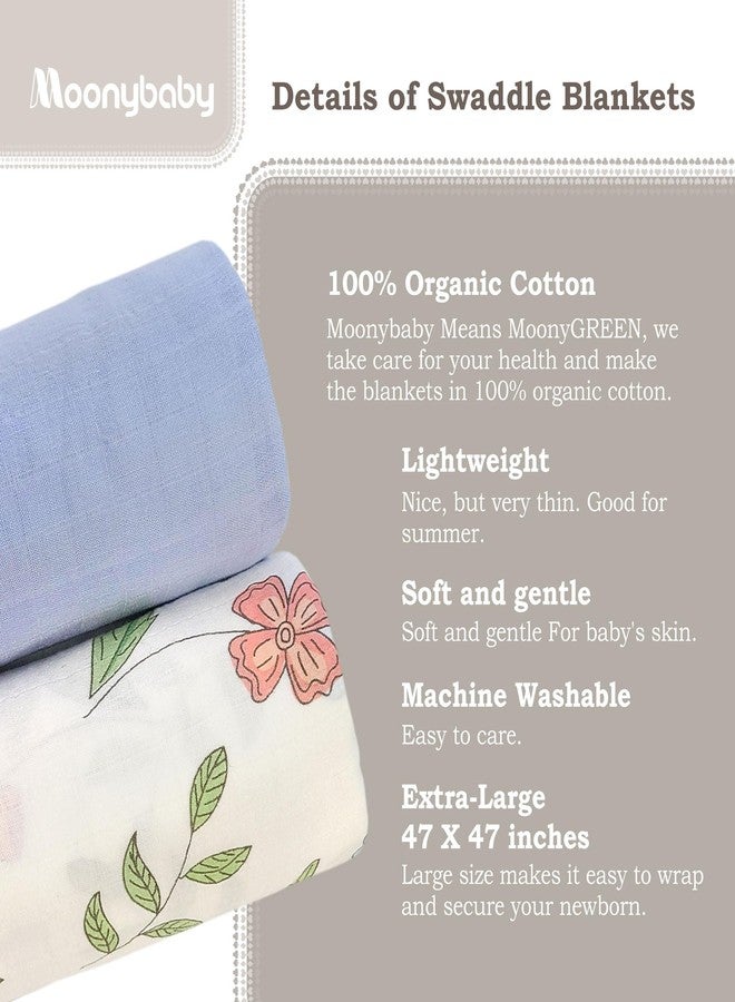 moonybaby 100% Organic Swaddle Helps to Reduce The Moro Reflex, Certified by Oeko-TEX Standard 100, 47 x 47 inches, 2 Pack, Color: Blue & Flower - Image 2