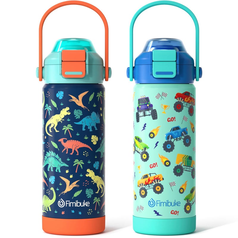 Fimibuke Kids Insulated Water Bottle with Pop-Open Straw & Spout 2-in-1 Lid, 18oz Leak Proof 18/8 Stainless Steel Vacuum Tumbler, BPA-Free Kids Cup For Travel School Boys Girls Toddler, Dinosaur & Monster Car - Image 1