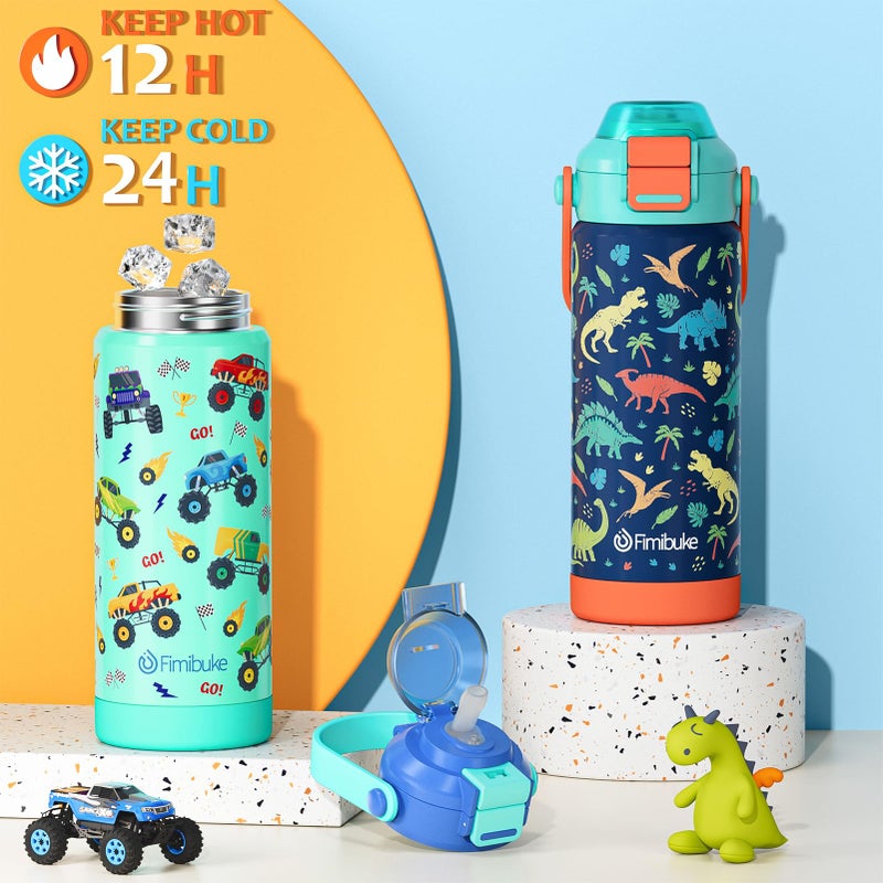 Fimibuke Kids Insulated Water Bottle with Pop-Open Straw & Spout 2-in-1 Lid, 18oz Leak Proof 18/8 Stainless Steel Vacuum Tumbler, BPA-Free Kids Cup For Travel School Boys Girls Toddler, Dinosaur & Monster Car - Image 4