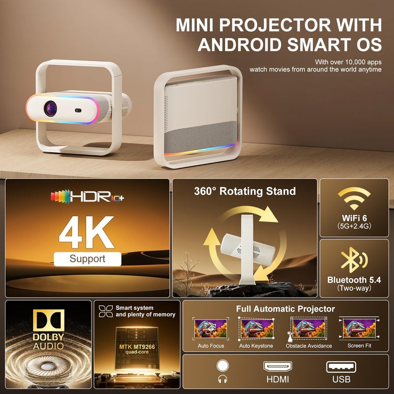 بروجكتر ذكي 4K مع WiFi وبلوتوث، 1080P أصلي HDR10+، بروجكتر محمول صغير مع صوت Dolby، بروجكتر ذكي قابل للتعديل 360 درجة للاستخدام الخارجي/غرفة النوم/المنزل/الألعاب - Image 2
