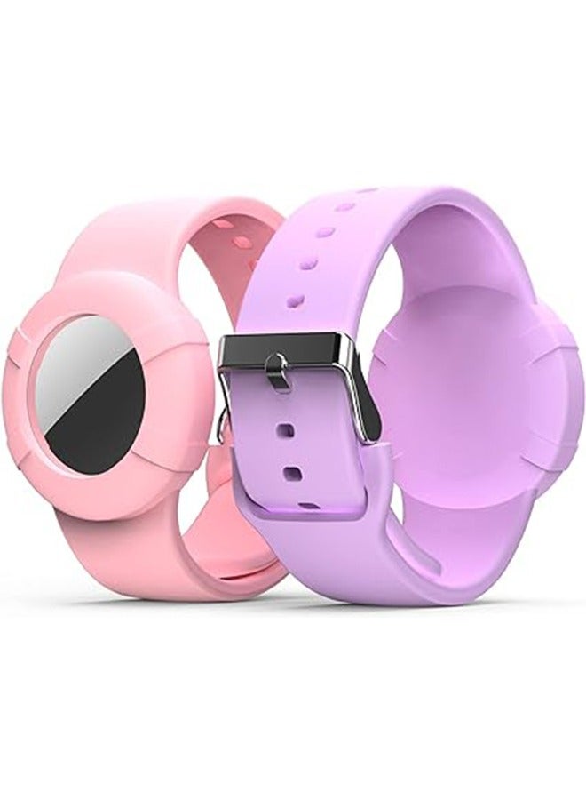 Arabest 2 Pcs Airtag Wristbands for Kids, Soft Silicone Airtag Bracelet Kids, Lightweight, Waterproof Band Compatible with Apple Airtag Watch Band for Children and Toddler (Pink & Purple) - Image 1