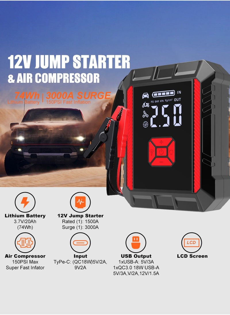 Luttec Emergency vehicle starter with 20000/mAh 3000A 12V air compressor Portable portable power supply/mobile inflator pump, LED lights for 6.0L petrol and 3.0L diesel engines, 12V emergency starter battery pack, battery booster, emergency starter box, portable charger, connection cables, display screen and emergency lamp  - Image 1