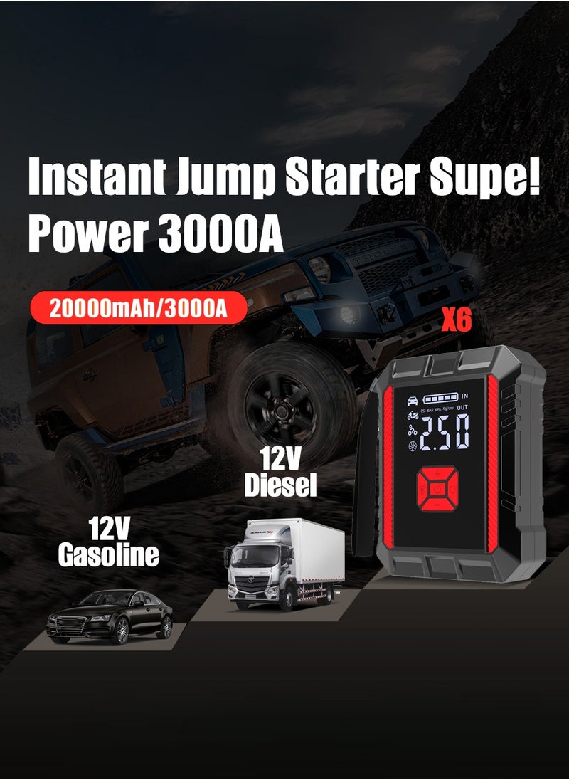 Luttec Emergency vehicle starter with 20000/mAh 3000A 12V air compressor Portable portable power supply/mobile inflator pump, LED lights for 6.0L petrol and 3.0L diesel engines, 12V emergency starter battery pack, battery booster, emergency starter box, portable charger, connection cables, display screen and emergency lamp  - Image 4