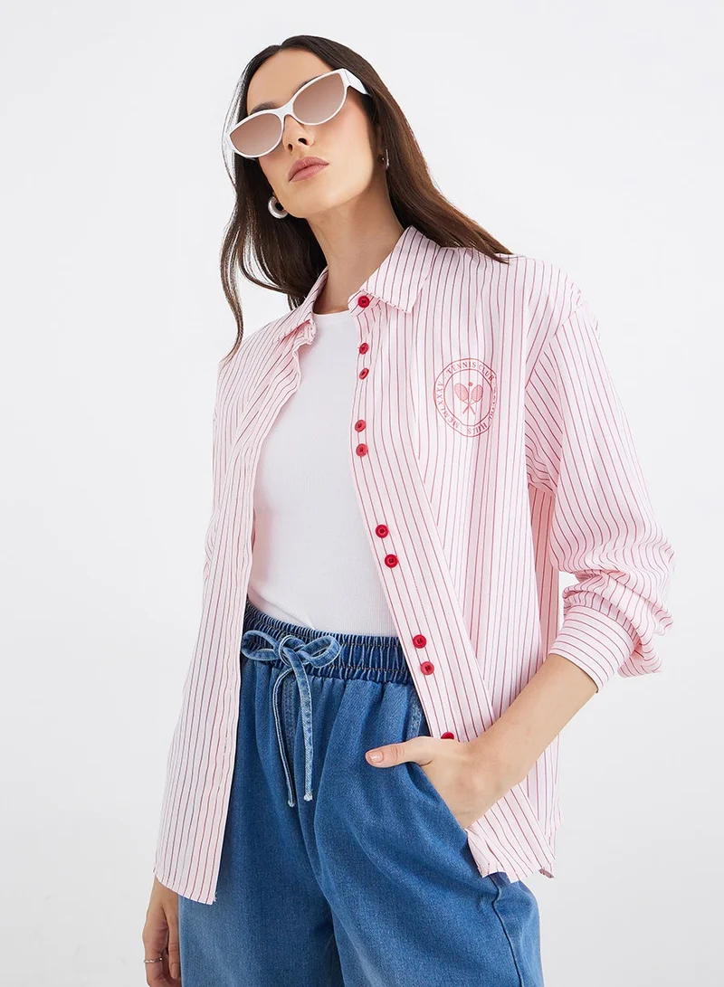 Styli Styli Red Striped Double Button Oversized Shirt