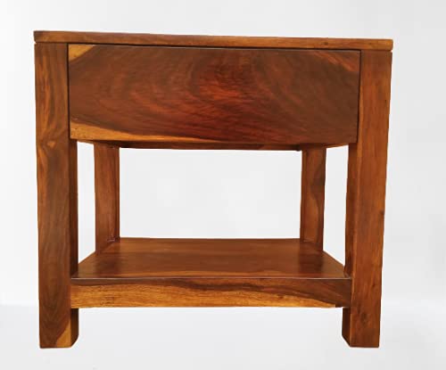 Vm decor Wooden Nightstand Bedside Table with Drawer and Shelves End Table with Wooden Top and Front Bedroom Living Room Easy Assembly Sheesham Wood Frame Industrial Design Rustic Brown - Image 2