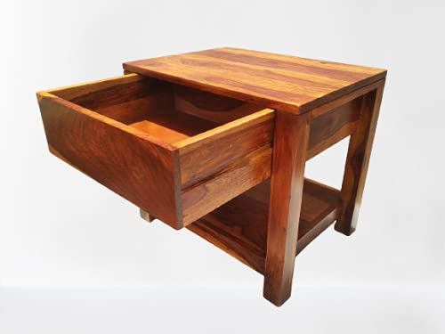 Vm decor Wooden Nightstand Bedside Table with Drawer and Shelves End Table with Wooden Top and Front Bedroom Living Room Easy Assembly Sheesham Wood Frame Industrial Design Rustic Brown - Image 4