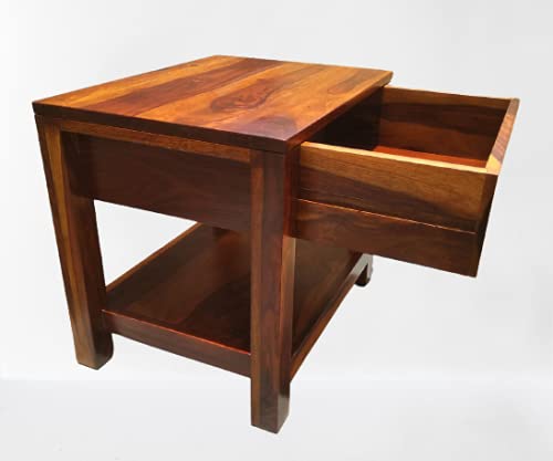 Vm decor Wooden Nightstand Bedside Table with Drawer and Shelves End Table with Wooden Top and Front Bedroom Living Room Easy Assembly Sheesham Wood Frame Industrial Design Rustic Brown - Image 5