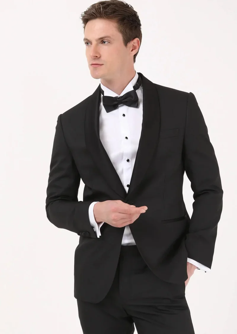 RAMSEY Black Micro Modern Fit Shawl Collar Weaving Tuxedo