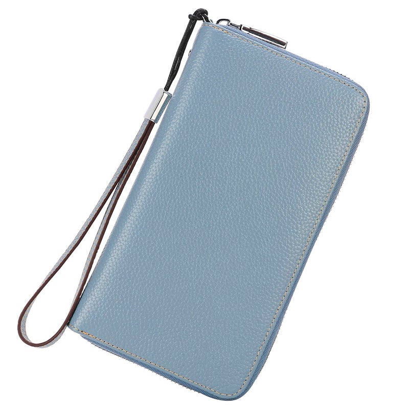 Lavemi Women's RFID Blocking 100% Leather Large Capacity Zip Around Wallet Phone Holder Clutch Travel Purse Wristlet(Large Size Light Blue) - Image 1