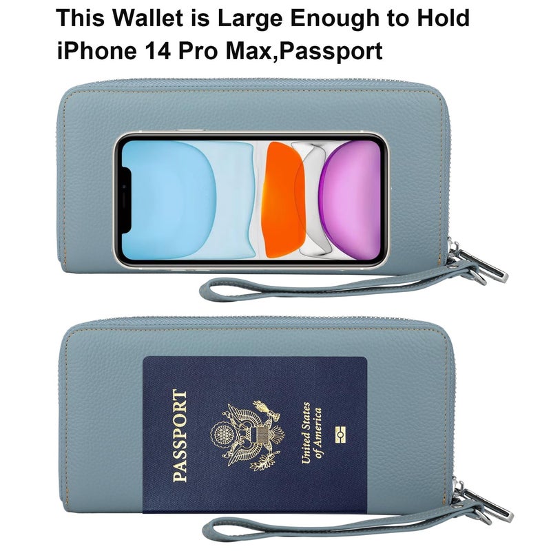 Lavemi Women's RFID Blocking 100% Leather Large Capacity Zip Around Wallet Phone Holder Clutch Travel Purse Wristlet(Large Size Light Blue) - Image 5