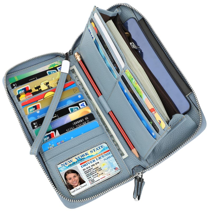 Lavemi Women's RFID Blocking 100% Leather Large Capacity Zip Around Wallet Phone Holder Clutch Travel Purse Wristlet(Large Size Light Blue) - Image 2