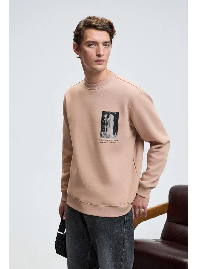 Grimelange LUCIAN Men's Chest and Back Printed Round Neck Regular Fit Beige Sweatshirt.