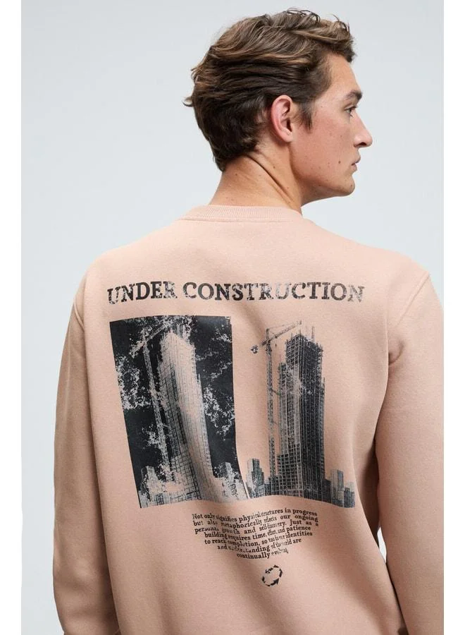 Grimelange LUCIAN Men's Chest and Back Printed Round Neck Regular Fit Beige Sweatshirt.