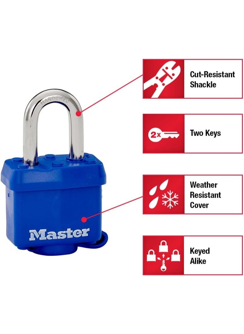 Master Lock Master Lock 312TRI Laminated Padlock with Key & Thermoplastic Shell, Blue, Pack of 3 Keyed-Alike  - Image 3
