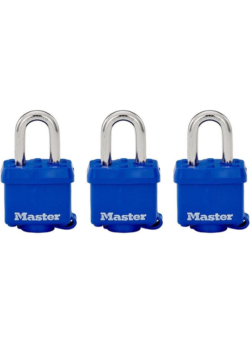 Master Lock Master Lock 312TRI Laminated Padlock with Key & Thermoplastic Shell, Blue, Pack of 3 Keyed-Alike  - Image 1