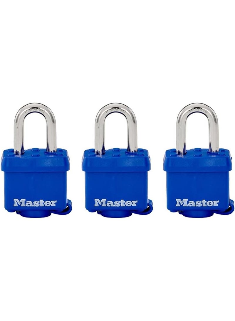 Master Lock 312TRI Laminated Padlock with Key & Thermoplastic Shell, Blue, Pack of 3 Keyed-Alike - Image 1