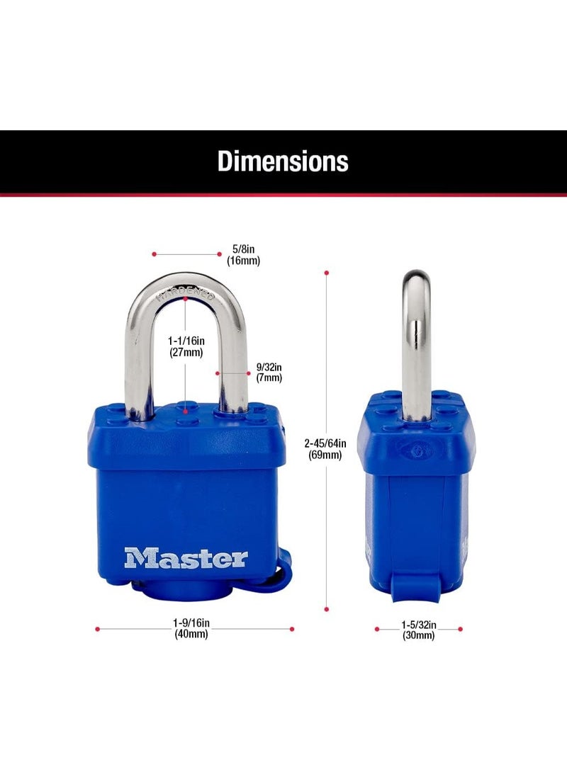 Master Lock 312TRI Laminated Padlock with Key & Thermoplastic Shell, Blue, Pack of 3 Keyed-Alike - Image 2