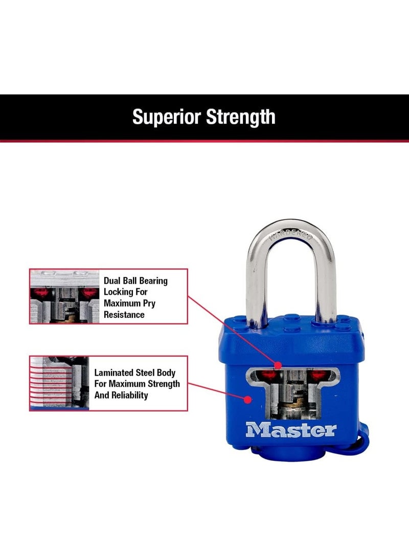 Master Lock 312TRI Laminated Padlock with Key & Thermoplastic Shell, Blue, Pack of 3 Keyed-Alike - Image 5