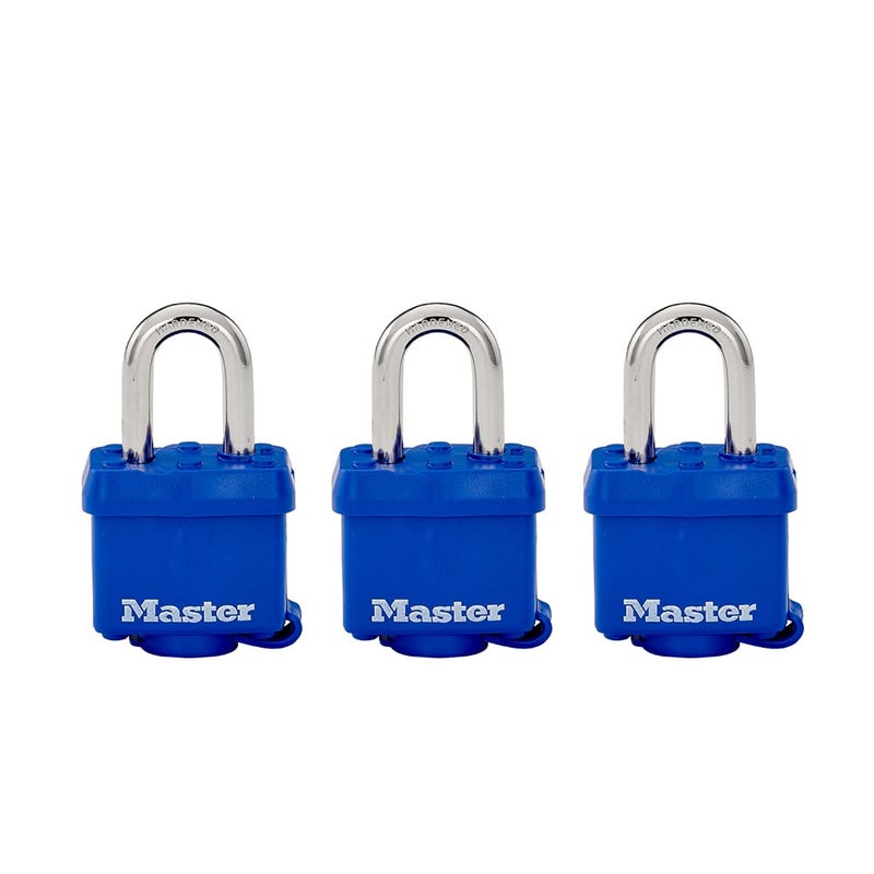 Master Lock 312TRI Laminated Padlock with Key & Thermoplastic Shell, Blue, Pack of 3 Keyed-Alike, 1-9/16-inch - Image 1