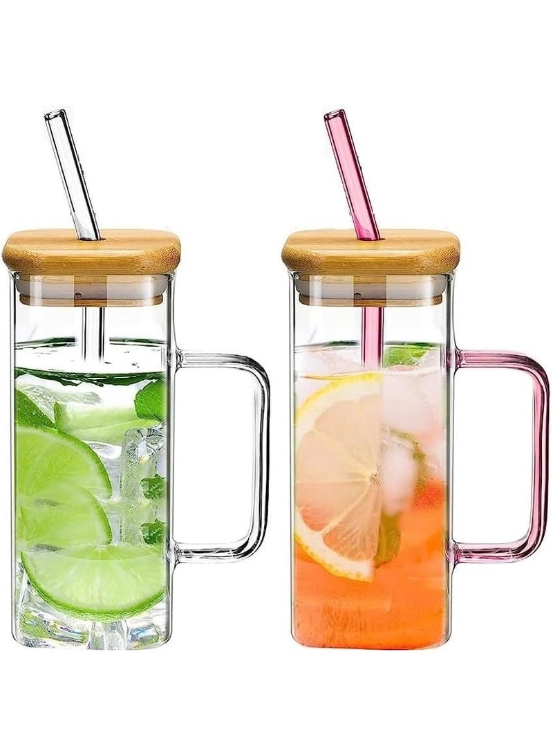 2-Piece Set: Glass Iced Coffee Mug with Straw and Colorful Handle (Available in Multiple Colors) with Bamboo Lids; Glass Juice Mug with Straw and Wooden Lids - Drinking Cups with Bamboo Lids and Straws; Glass Cup for Iced Coffee, Milk, Yogurt, Drinks, Cocktails, and Smoothies; Clear Drinking Cup for Juice and Milk; Glass Mugs with Straws; Mug with Wooden Lids; Glass Iced Coffee Mug with Straw and Wooden Lids; Glass Iced Coffee Mug with Straw in Jar Shape - Image 1