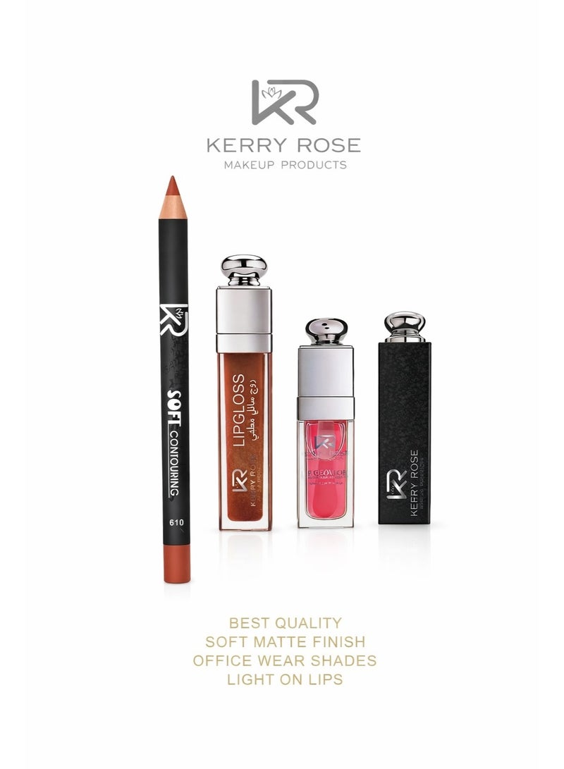 Kerry Rose 4-Piece Lip Makeup Set – Lip Liner & Gloss Combo – Soft Matte Finish, Long Lasting, Daily Wear Shades