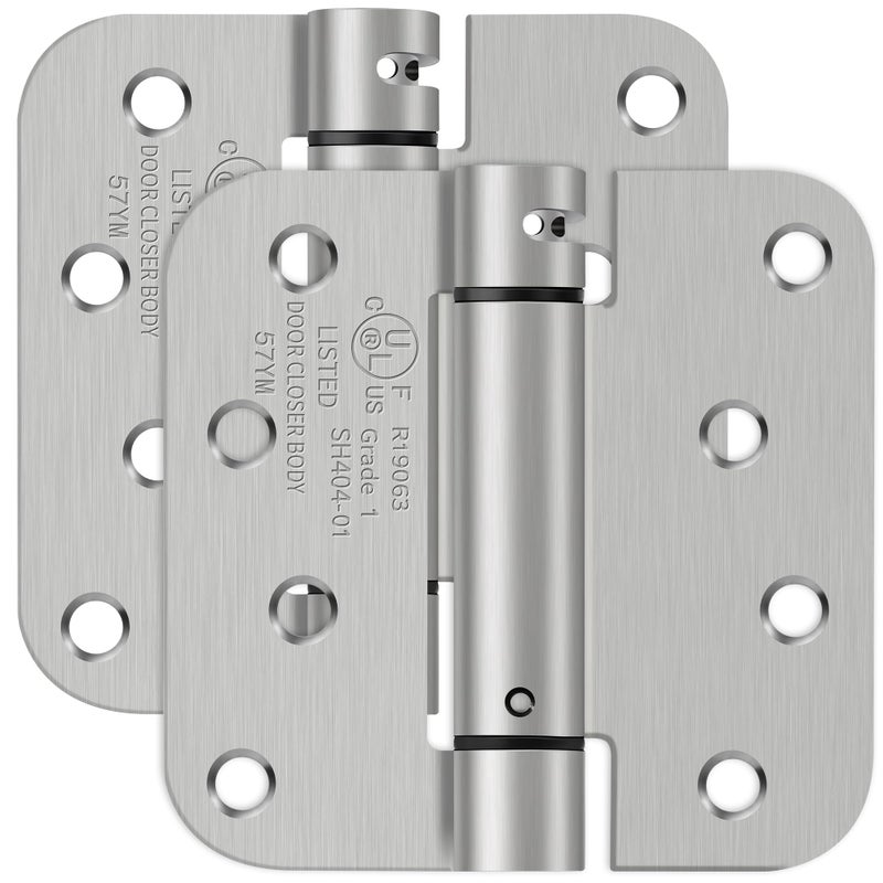 IOQ 4 Inch Self Closing Door Hinges, 5/8" Radius Corners Spring Loaded Hinges for Exterior, Garage, Front and Back Door, UL Listed, for Left and Right Hand Door, Brushed Nickel, 2 Pack - Image 1