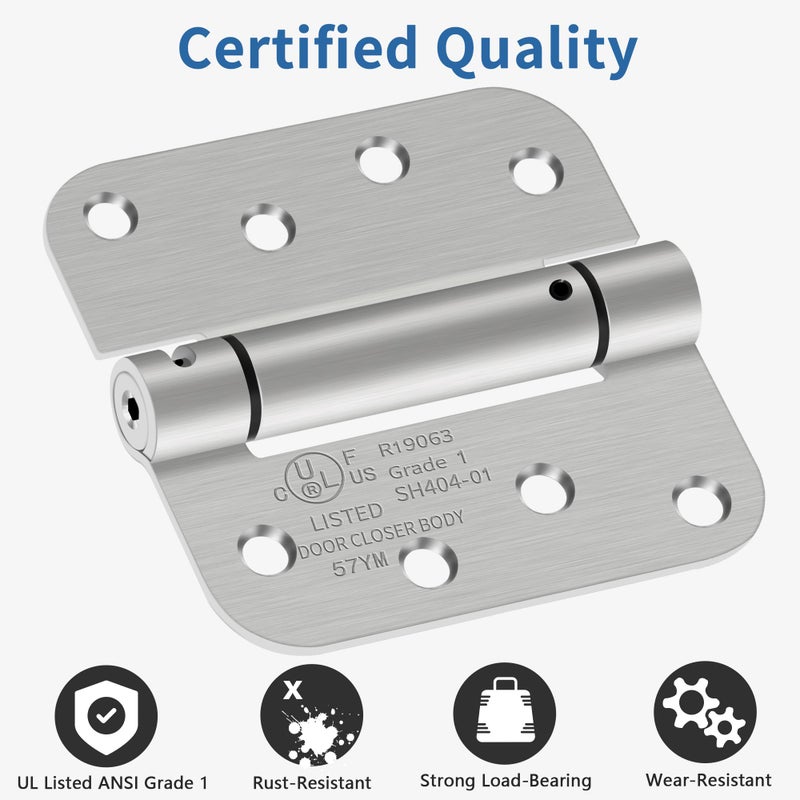 IOQ 4 Inch Self Closing Door Hinges, 5/8" Radius Corners Spring Loaded Hinges for Exterior, Garage, Front and Back Door, UL Listed, for Left and Right Hand Door, Brushed Nickel, 2 Pack - Image 3