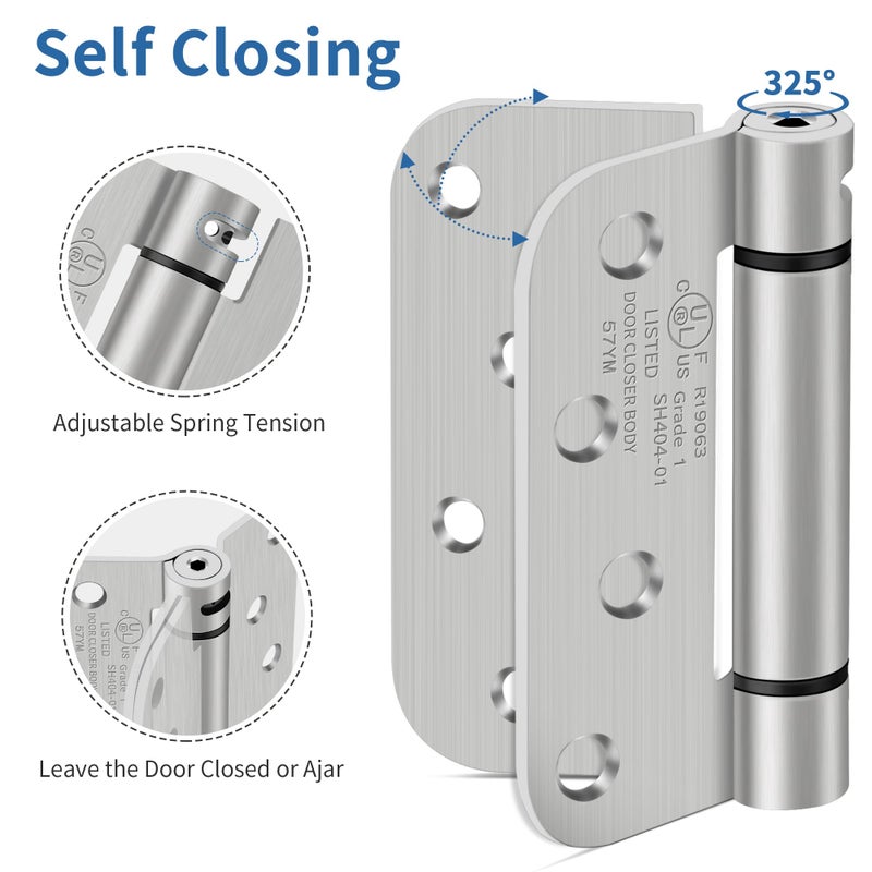 IOQ 4 Inch Self Closing Door Hinges, 5/8" Radius Corners Spring Loaded Hinges for Exterior, Garage, Front and Back Door, UL Listed, for Left and Right Hand Door, Brushed Nickel, 2 Pack - Image 4