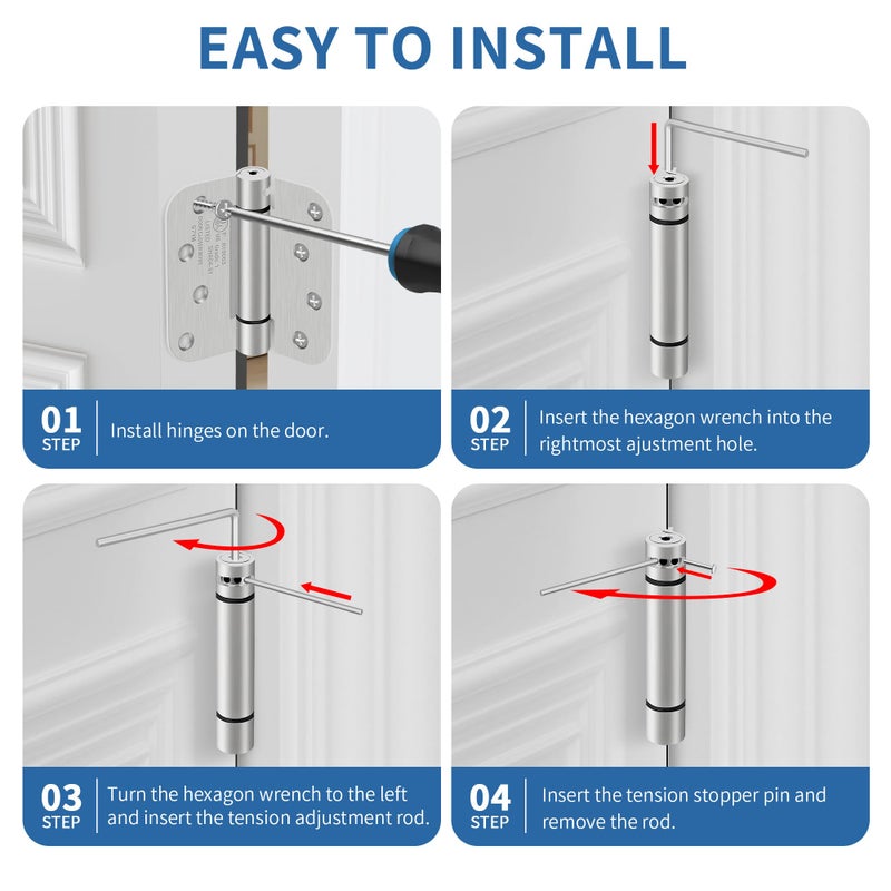 IOQ 4 Inch Self Closing Door Hinges, 5/8" Radius Corners Spring Loaded Hinges for Exterior, Garage, Front and Back Door, UL Listed, for Left and Right Hand Door, Brushed Nickel, 2 Pack - Image 5