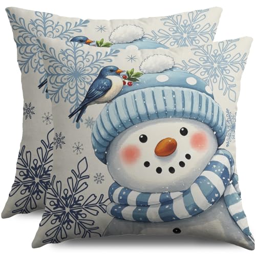 Smozenith Winter Pillow Covers 18X18 Set of 2, Blue Snowman Bird Snowflakes Decorative Throw Pillowcases Outdoor Holiday Seasonal Farmhouse Cushion Cases Couch Sofa Bed Decor - Image 1