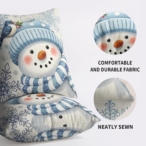 Smozenith Winter Pillow Covers 18X18 Set of 2, Blue Snowman Bird Snowflakes Decorative Throw Pillowcases Outdoor Holiday Seasonal Farmhouse Cushion Cases Couch Sofa Bed Decor - Image 5