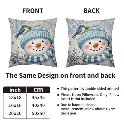 Smozenith Winter Pillow Covers 18X18 Set of 2, Blue Snowman Bird Snowflakes Decorative Throw Pillowcases Outdoor Holiday Seasonal Farmhouse Cushion Cases Couch Sofa Bed Decor - Image 4
